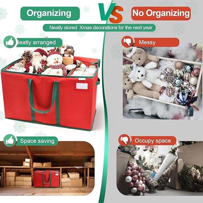 Large Christmas Ornament Storage Box Stores Up to 80 Ornaments with Reinforced Handle and Double Zipper Decorative Ornament Storage Container Xmas Decoration Storage Box (Red)