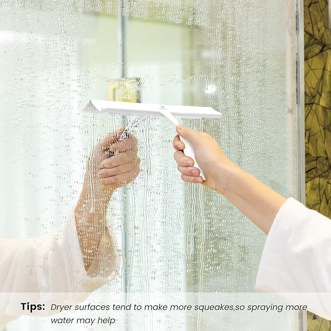 Squeegee for Shower Glass Door, 11-Inch Shower Squeegee for Glass Doors, Bathroom Silicone Squeegees Wiper for Shower with Non-Slip Handle, No-Drilling Silicone Hanging Hook, for Tiles, Mirror(White)