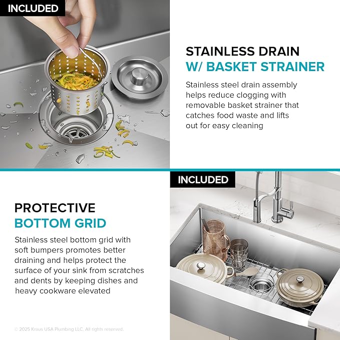 Kraus KHF200-33 Standart PRO Stainless Steel Sink 33 inch Farmhouse Apron Single Bowl 16 gauge