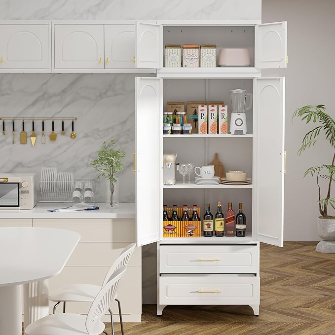 Metal Storage Cabinet with Doors and Shelves, 90" Tall Kitchen Pantry Storage Cabinets with 2 Drawer, White Pantry Closet, Steel Large Cupboard, High Leveling Feet- Assembly Required