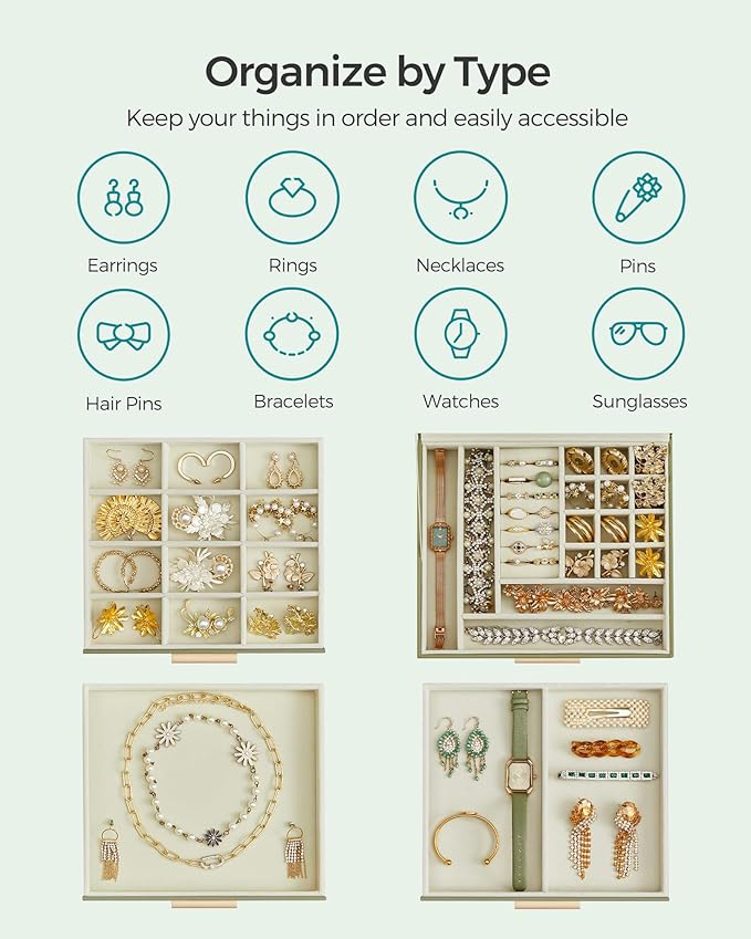 SONGMICS Jewelry Box Organizer with Glass Lid, 4-Layer Jewelry Storage, with 3 Drawers, Modern Style, 8 x 9.1 x 6.5 Inches, Laurel Green and Gold Color UJBC173C02