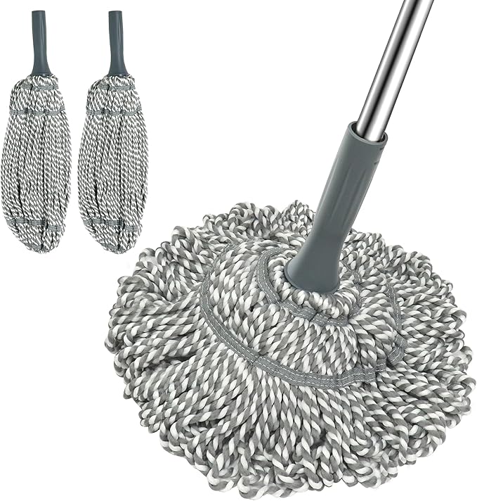 kickleen Self Wringing Mop Floor Cleaning, Easy Squeeze Twist Mop, Heavy Duty Wet Mops for Cleaning Hardwood Tile Vinyl Laminate Floors (Gray- 2 Head)