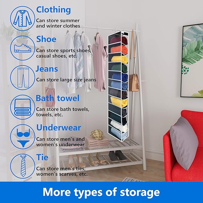 zebricolo,Closet Organization,12 Section, Hanging Closet Organizer, Space Saving, College Dorm Essentials for Girls, Heavy dutys Hooks Up to 45 Pounds, Clothes Storage,Closet Organizer,Black/White