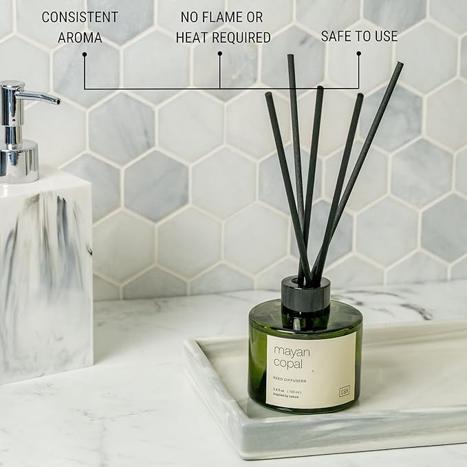 Craft & Kin Mayan Copal Reed Diffuser | All Natural Essential Oil & Rattan Scent Sticks | Winter Reed Diffusers for Home, Bathroom | Long Lasting Home Fragrance in Green Glass, 3.4oz