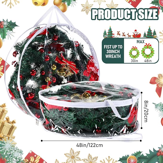 Zhengmy 3 Pcs 48 Inch Christmas Clear Wreath Storage Bags Xmas Wreath Storage Container Bags with Dual Zippers and Handles for Holiday Garland