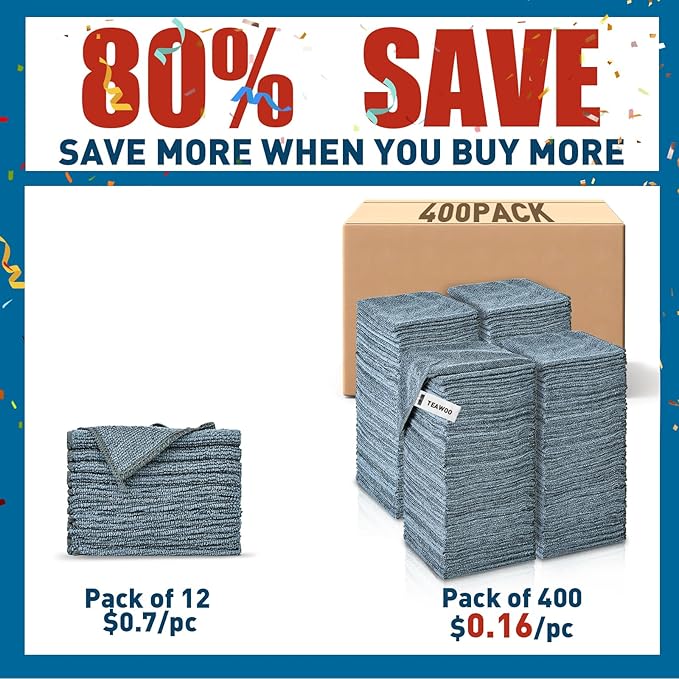 TEAWOO Gray Microfiber Cleaning Cloths Bulk Pack-400 Pack, Microfiber Towels Bulk, Towels for Cars, Cleaning Rags Gray (12x12 inches)