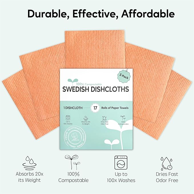 Auggee Swedish Dishcloths for Kitchen, 5 Pack Swedish Dish Cloths, Ultra Absorbent Reusable Paper Towels, Cellulose Sponge Cloths, Quick Drying, No Odor, Dishwasher Safe Orange