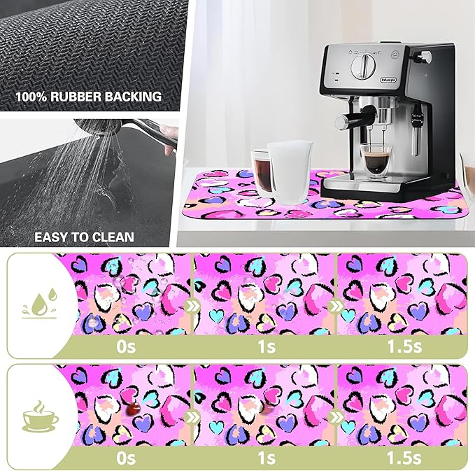 Chaotic Leopard Dish Drying Mat Hearts Element Leopard Kitchen Mat 12"x19" Bsorbent Coffee Maker Mat for Dishes Utensils Coffee Maker Pots and Pans Easy Clean Dish Slip Resistant Pad