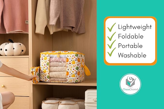 Canvas Storage Bags Designer Organizer 2 Pack – Seasonal Storage for Sweaters, Blankets, Linens & Garments – Foldable Design with Zip & Window, Moth-Proof Space Saver, Pumpkin Print