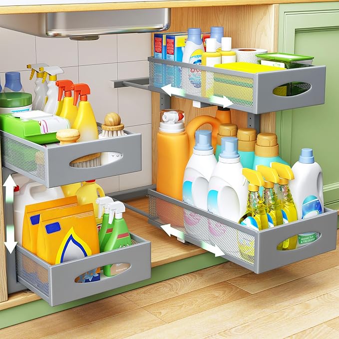 1 Pack Under Sink Organizer, 2 Tier Pull out Cabinet Organizer Mesh Baskets with 5 Adjustable Heights, Sliding Drawers Storage Shelf for Home, Kitchen, Bathroom, Pantry, Office, Countertop ,Grey