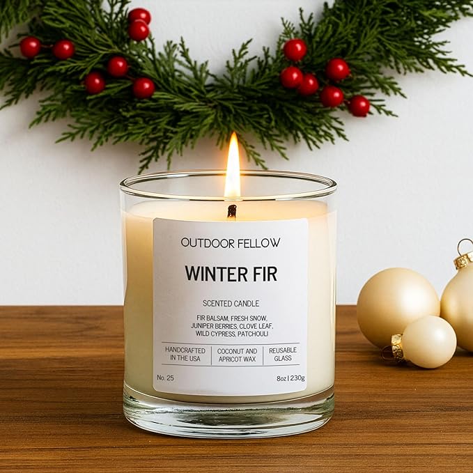 Outdoor Fellow Winter Fir Candle | Luxury Scented Candle with Coconut & Apricot Wax Blend | Fir, Juniper & Cypress Notes | 40+ Hour Burn Time | Cozy Fragrance for Home (8oz)
