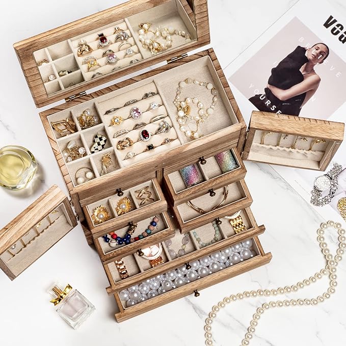 Emfogo Jewelry Box for Women Wooden Jewelry Boxes & Organizers 5-Layer Rustic Large Jewelry Organizer Box with Mirror & 8 Drawers for Rings Earrings Necklaces Bracelets Women Girls Gifts