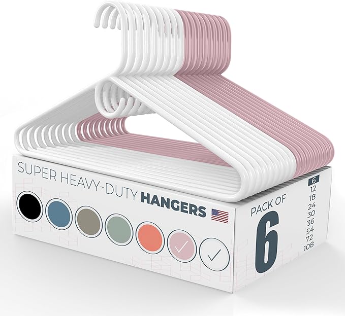 Neaties Super Heavy Duty Clothes Hangers 6 Pack – Made in The USA - 10lb Capacity, Thick Plastic Hangers for Pants, Coats, Jackets, Jeans and Adult Clothing – White & Pink