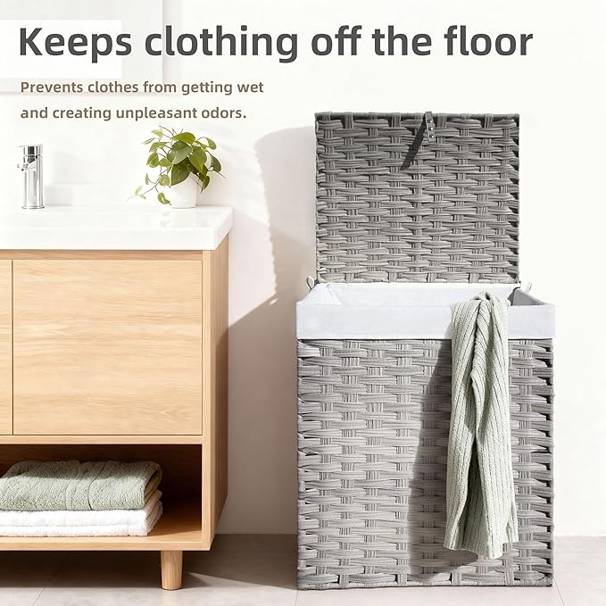 Woven Laundry Hamper with Lid,24Gal (90 L) Rattan Wicker Laundry Basket 2 Sections with Lid, Removable Machine Washable Line, Large Clothes Hamper with Handles for Bathroom Bedroom, Gray