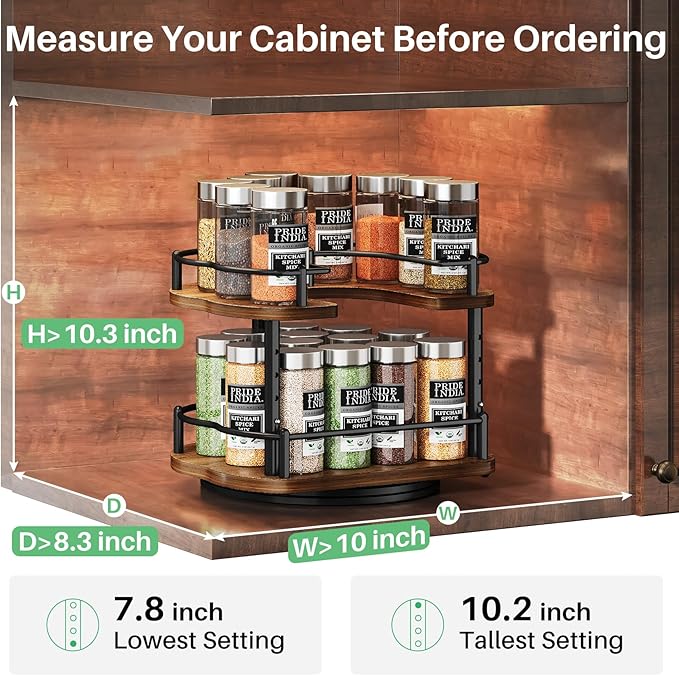 Lazy Susan Organizer Spice Rack - Spice Organization for Cabinet Height Adjustable Rotating Lazy Turntable, Pantry Kitchen Wood Revolving Seasoning Organizer (9 Inch)