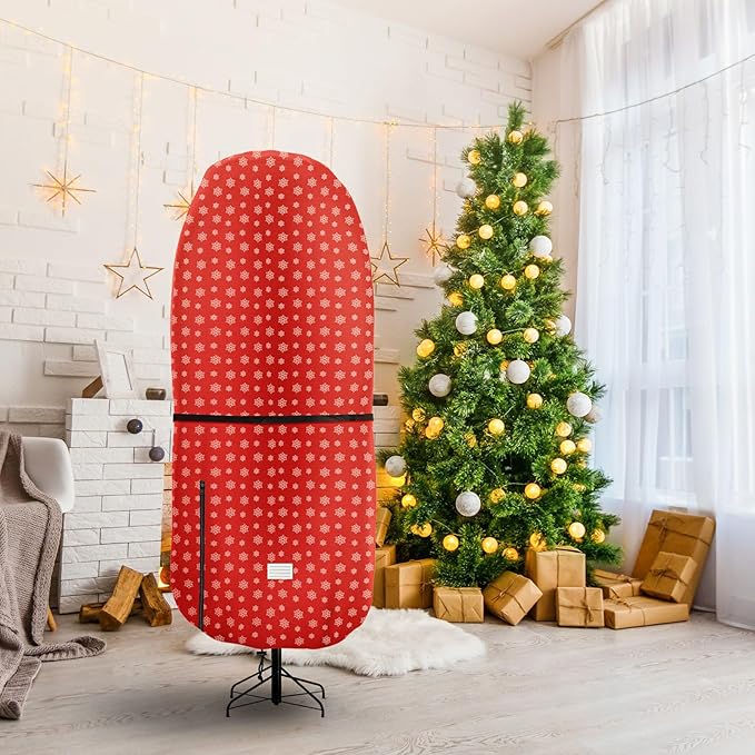 Upright Christmas Tree Storage Bag,Tear Resistant Adjustable Xmas Tree Storage Cover for 9 FT Assembled Tree with Ornaments,Christmas Tree Cover Waterproof - Snow Printing Red