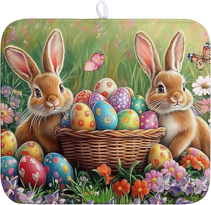 Wnoesat Easter Bunny Eggs Dish Drying Mat for Kitchen Counter 16x18 Inch Spring Easter Rabbit Flowers Drying Mat Microfiber Dish Drainer Rack Mats Absorbent Reversible Dishes Pad Dish Dryer Mat