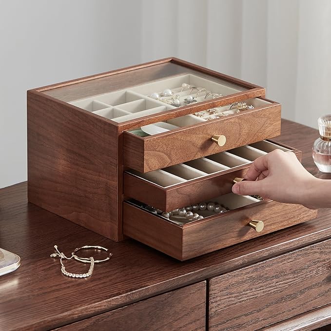 Homruilink Black Walnut Wooden Jewelry Box Women large 3 Layer Drawer Organizer Box with Glass Lid for Necklaces, Watch, Necklace, Ring, Earring Storage - Christmas Gifts