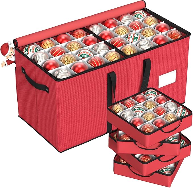 Christmas Ornament Storage Box with 8 Trays, Christmas Storage Container for 128-3'' Holiday Ornament Decorations, Large Xmas Organizer with Adjustable Dividers, Dual Zipper and Pocket - Red