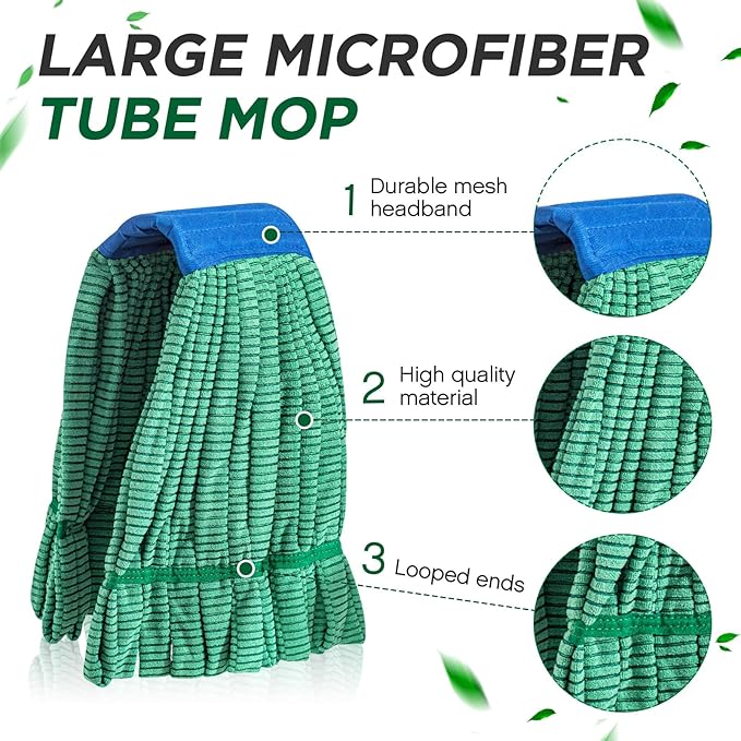 Hushee 12 Pack Large Microfiber Tube Mop Heads 18 oz Heavy Duty Commercial Industrial Wet Mop Head Refill Reusable Machine Washable Looped End Mopheads for Hardwood, Tile, Laminate Floors, Green