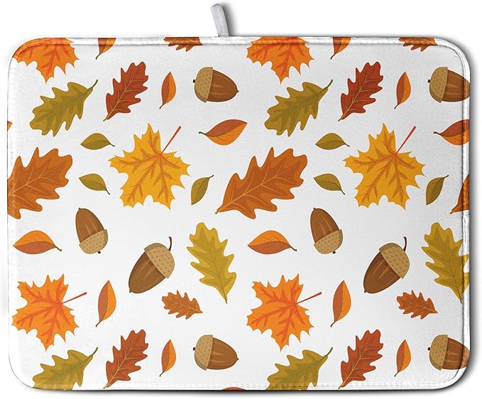 Kwlegh Fall Leaves Dish Drainer Mat - Absorbent Drying Mat for Counter - 18x24 Inch, Orange Maple Leaf Pattern