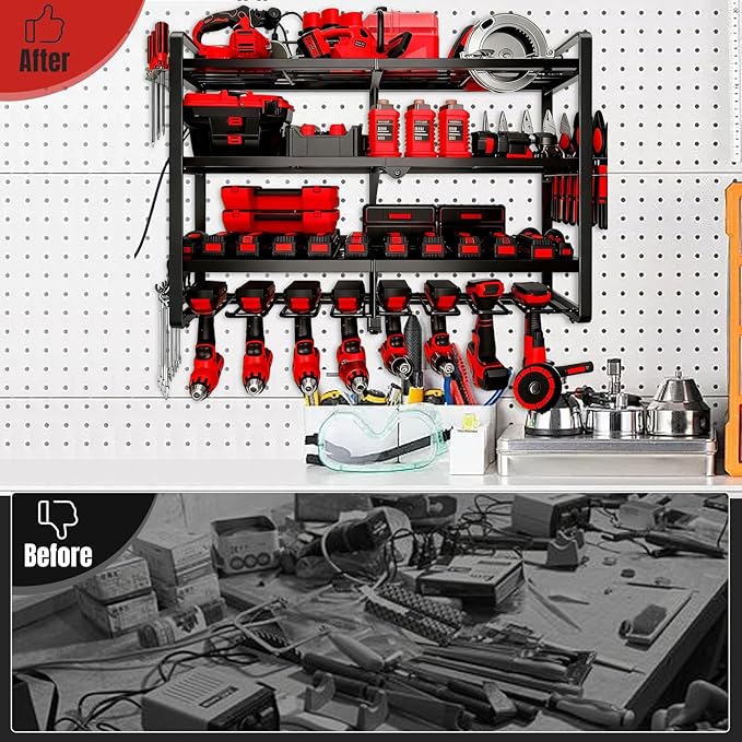 CRELYSTER Large Power Tool Organizer Wall Mount, 4 Layer Heavy Duty 8 Cordless Drill Holder Tool Storage Rack, Load 400lbs Utility Power Tool Rack for Garage,Workbench,Workshop,Gifts for Men