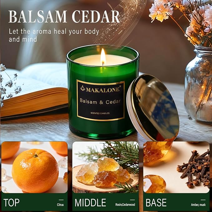 Balsam Fir & Cedarwood Scented Candles for Home-9oz Soy Wax Candle in Forest Green Jar,60H Long Lasting, Pine Forest Aromatherapy for Stress Relief,Meditation & Bathroom,Woodland Gifts for Men & Women