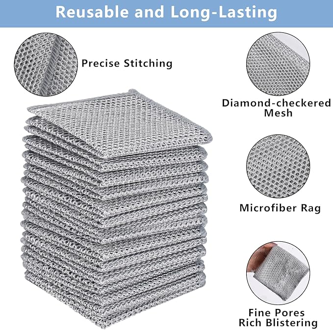 Tecbeauty 30Pcs Multipurpose Wire Dishwashing Rags for Wet and Dry, 7.87" x 7.87" Non Scratch Steel Wire Dishcloth, Double Layer Reusable Metal Cleaning Cloth for Cookware, Sinks, Dishes, Stove Tops