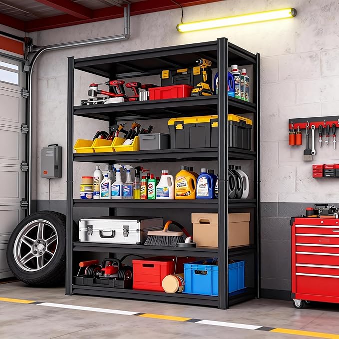 Garage Shelving Unit, Heavy Duty Metal Adjustable Storage, Steel Shelves, Industrial Shelves for Heavy Tools and Equipment, Ideal for Garage, Basement, Black (6-Tier, 77.4" H x 47.2" W x 23.6" D)