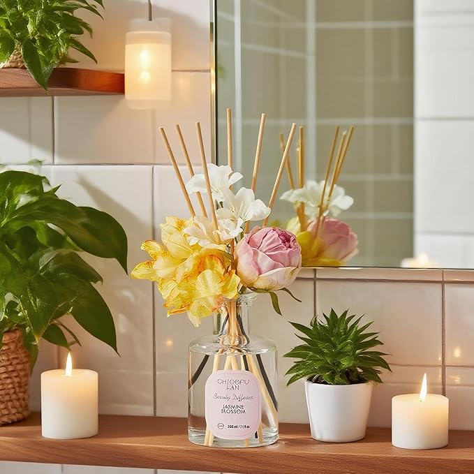 Chloefu Lan Flowers Reéd Diffuser for Girls Room Decor, 6.7oz with 9 Sticks, Jasmine Blossom Scent Diffusers for Home, Scentsy Home Fragrance, Scented Oils, Home & Bathroom Décor