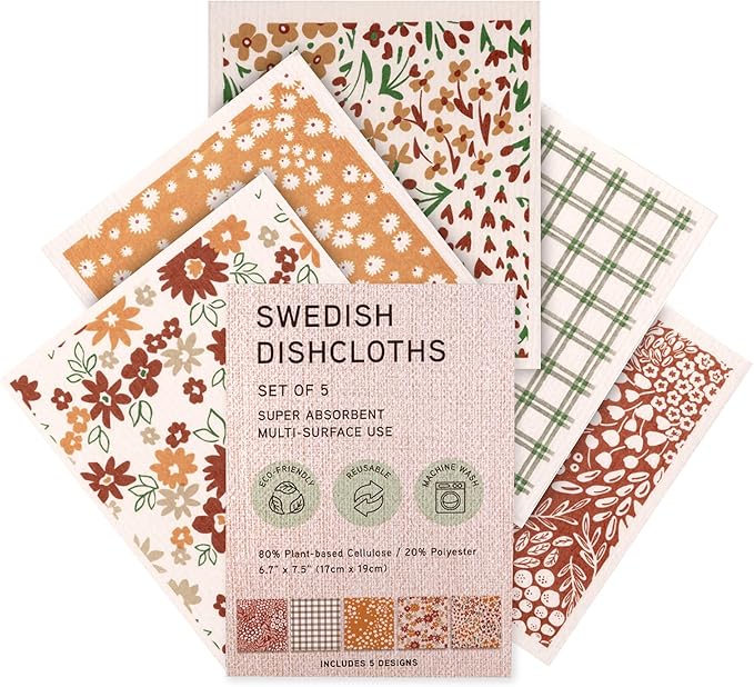 MosJos Swedish Dishcloths, Vintage Plant-Based Cellulose, 6.7x7.5 Inch, Super Absorbent, Multi-Surface, Machine Washable, Reusable, 5 Pack (Rust Green Burgundy)