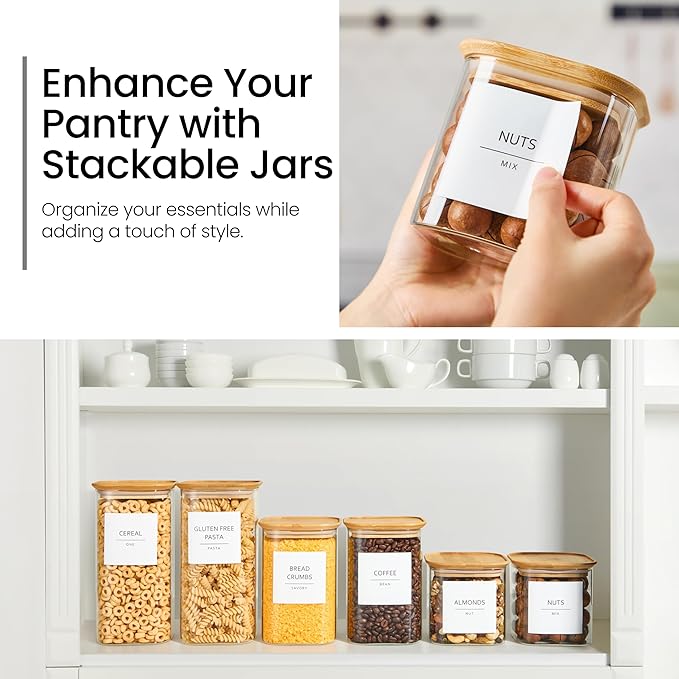 Talented Kitchen Square Glass Food Storage Containers - Airtight & Labeled Glass Kitchen Storage Containers - Space-Saving Stackable Square Pantry Jars - Pack of 6, 24/37/51 fl oz