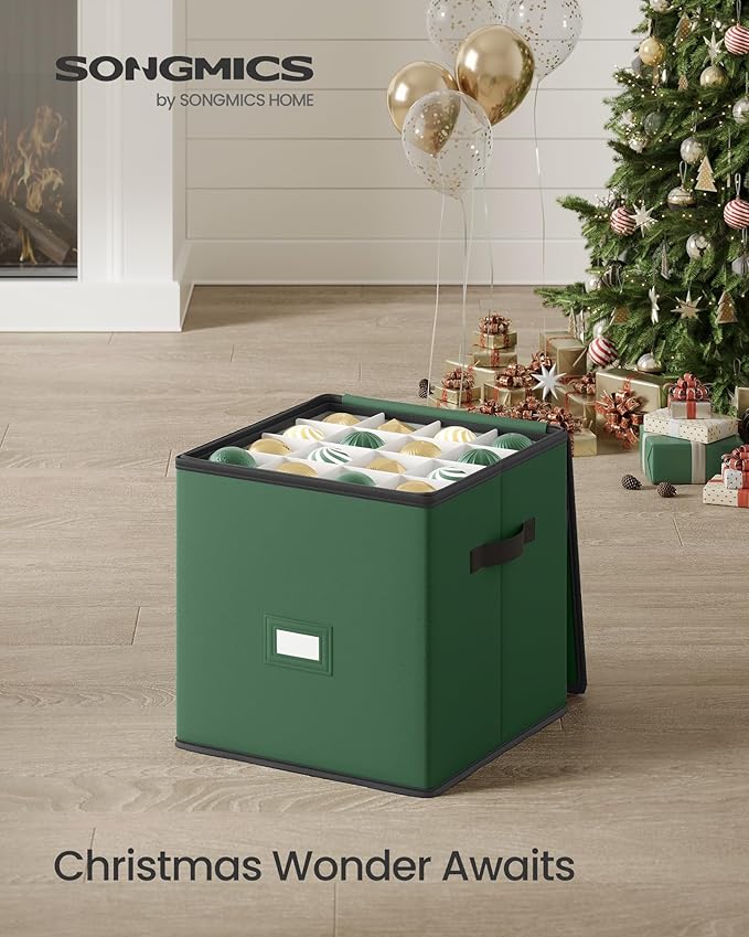 SONGMICS Christmas Ornament Storage Box, Dual Zippers, Stackable Christmas Storage Container with Lid, 4 Trays, 600D Oxford, 3-Inch 64 Slots, Forest Green URFB034C01
