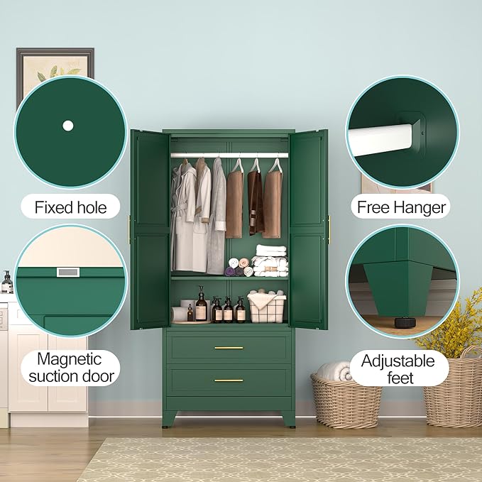 Metal Armoire Wardrobe Closet, 71 "Metal Clothing Storage Cabinet with Adjustable Shelves and Hanging Rod, Household Steel Wardrobe Storage Cabinet with Drawers (armoire-Green)