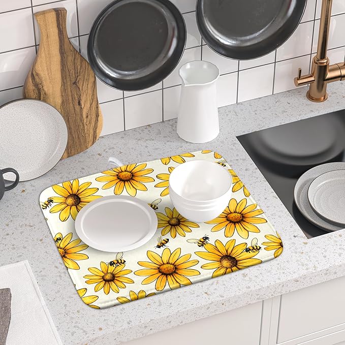 ABSOP Spring Summer Sunflower Bee Dish Drying Mat of Kitchen Counter 18×24 Inch Floral Drainer Pad Flower Dish Rack Pad Drainer Mat Washable Absorbent Reversible Microfiber for Coffee Bar