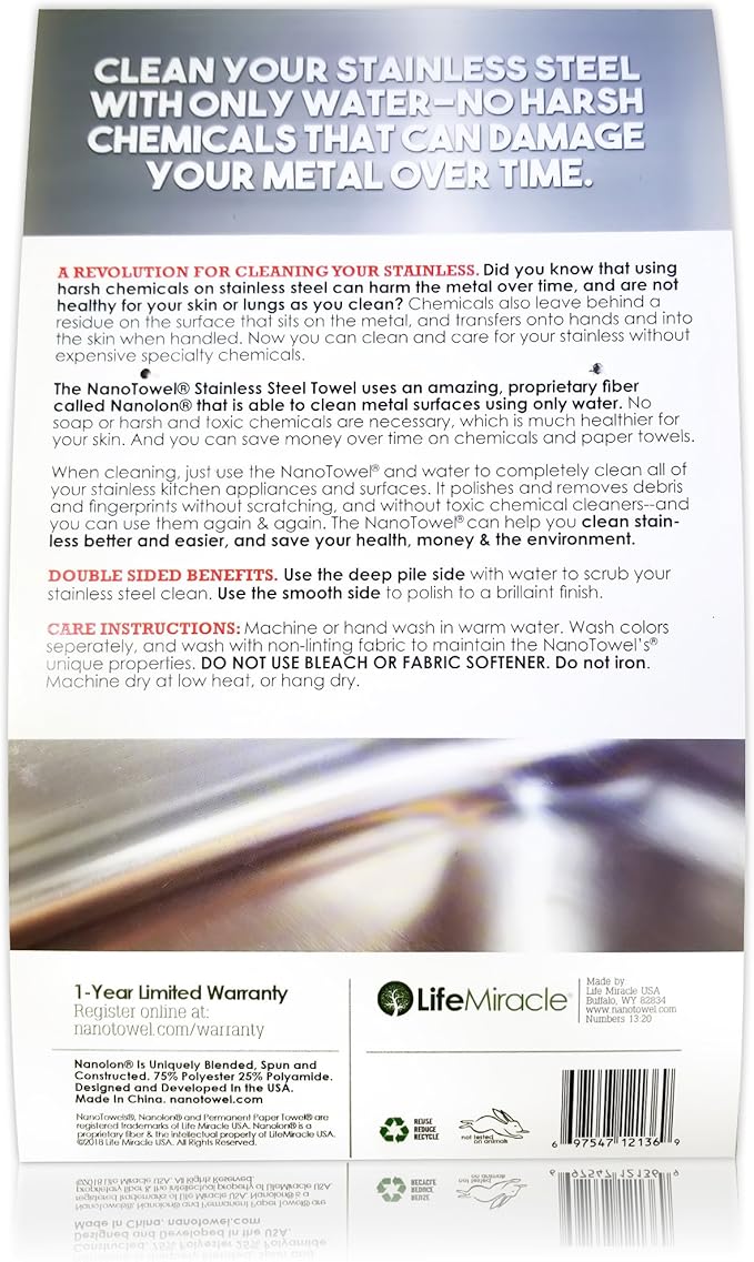 Nano Towels Stainless Steel Cleaner 3-Pack | The Amazing Chemical Free Stainless Steel Cleaning Reusable Wipe Cloth | Kid & Pet Safe | 7x16 (3 pcs)