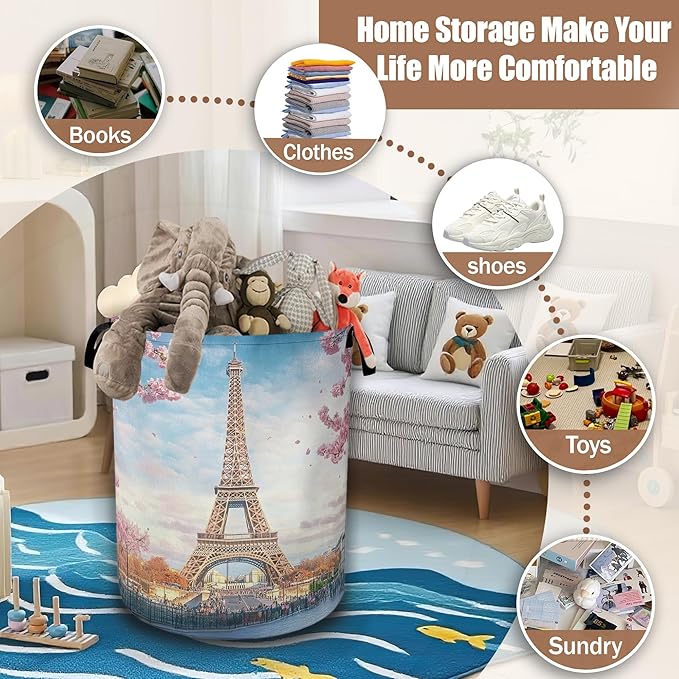 Eiffel Tower Laundry Basket,Cherry Blossom Laundry Hamper Waterproof Oxford Cloth Tote Collapsible,Clothes Storage Bucket Decorative Toy Organizer For Bathroom Bedroom 16" x 20.8"