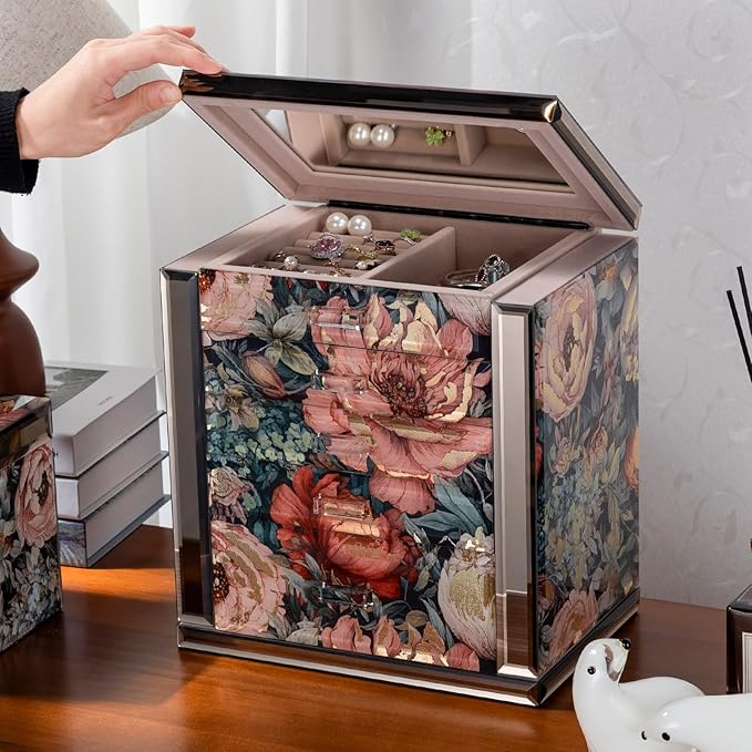 Glass Vintage Painting Jewelry Box,5-Layer Storage Case,Art Desktop Decorations Gift for Women,Jewelry Organizer For Necklaces Rings Earrings Bracelets