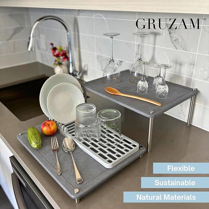 GRUZAM 2 Pcs Stone Dish Drying Mat, 2 Tier Dish Drying Stone for Kitchen Counter with Absorbent Dish Drying Mat, Stone Dish Drying Rack, Flexible Stone drying rack (Slate, 15.6" x 11.7" x 6.7")