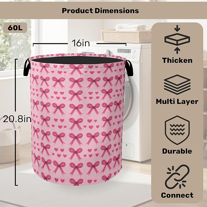 Pink Bow Laundry Hamper - Pink Laundry Basket with Handles, Space Saving Foldable Design for Nursery, Dirty Clothes Storage Basket for Women Girls