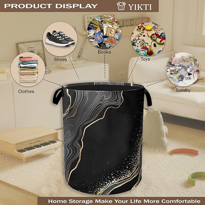 Black Gold Marble Laundry Basket,Modern Clothes Hamper,Oxford Cloth Collapsible Nursery Hamper Storage Organization for Bedroom,Bathroom,Office,College Dorms,16x20 Inch