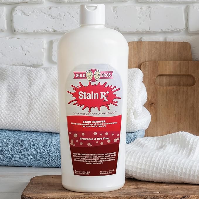 Stain Rx Stain Remover, Effectively Eliminates Stains from Wine, Berries & Blood on Colorfast Fabrics, Carpets, Upholstery & Jewelry, Fragrance & Dye-Free, Bleach-Free, Peroxides & Phosphates, 16 oz