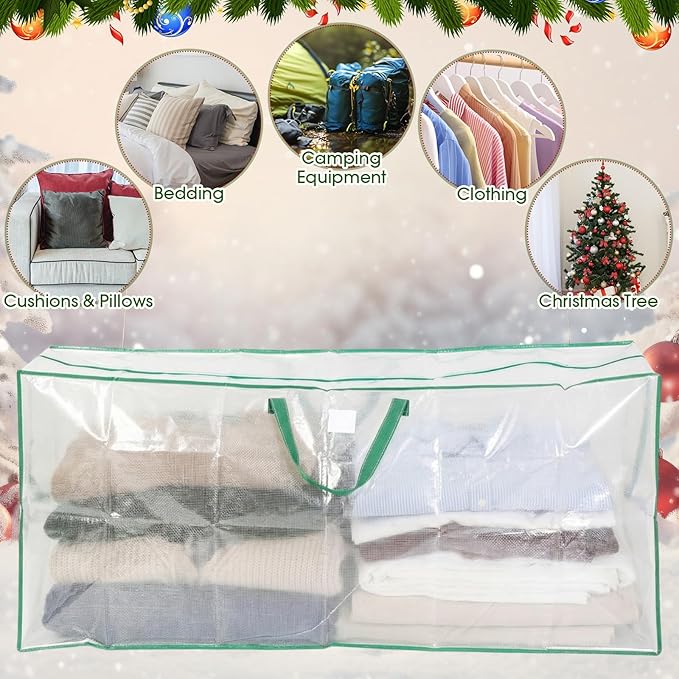 2 Pack Extra Large Christmas Tree Storage Bag 9 ft Artificial Tree, 126gallon Heavy Duty Moving Bag 65" Waterproof Clear Oversized Box with Handle Label Pocket for Camping College (Green)