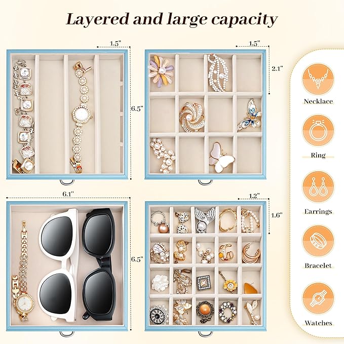 EnHomee Jewelry Box for Women, 5-Layer Large Jewelry Organizer with Mirror & 4 Drawers for Rings, Earrings, Necklaces, Bracelet Lockable Case with Lock (Blue + Silver)