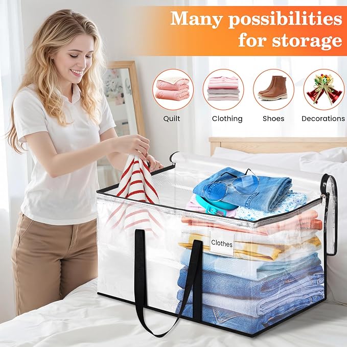 Extra Large Heavy Duty Moving Bags, Storage Bags with Strong Zippers & Handles, Packing Bags for Moving Essentials, Ideal Storage Tote for Home, Dorm & Storage Solutions, 76L, 4 Packs, Clear