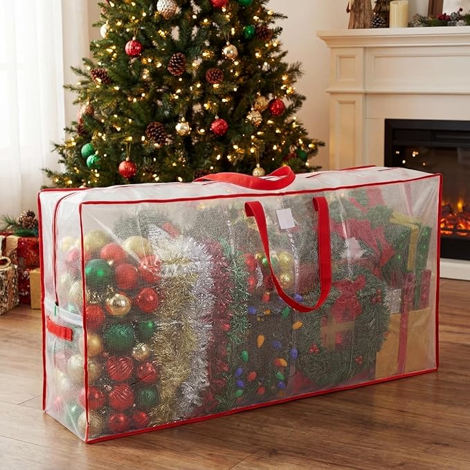 6 Pack Extra Large Christmas Tree Storage Bag 9 ft Artificial Tree, 126gallon Heavy Duty Moving Bag 65" Waterproof Clear Oversized Box with Handle Label Pocket for Camping College (Red)