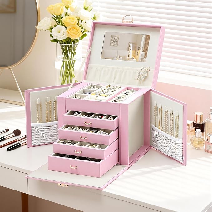 EnHomee Jewelry Box for Women, 5-Layer Large Jewelry Organizer with Mirror & 4 Drawers for Rings, Earrings, Necklaces, Bracelet Lockable Case with Lock (Pink + Gold)
