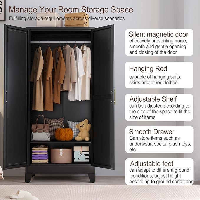 71" Metal Armoire Wardrobe Closet, Steel Clothing Storage Cabinet with Mirror and Adjustable Shelves, Household Steel Wardrobes Storage Cabinet with Adjustable Standing Feet and Hanging Rod（Black）