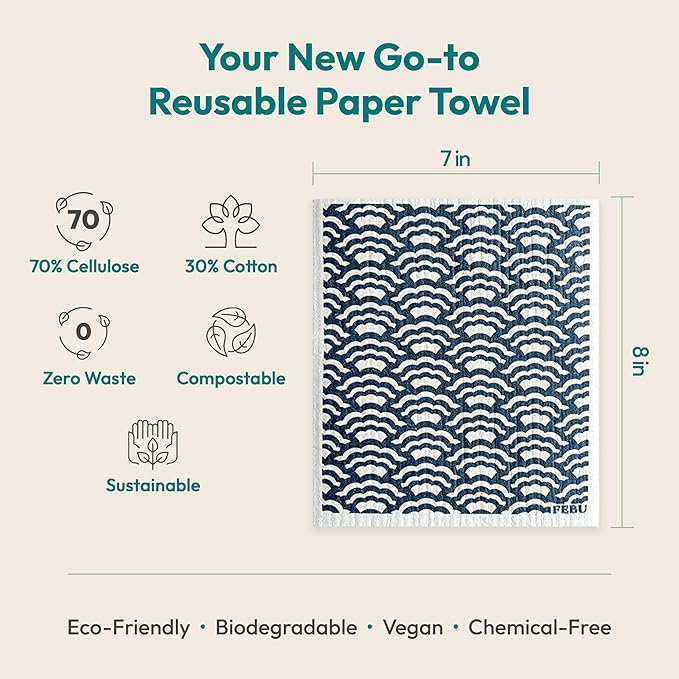 FEBU Swedish Dishcloths for Kitchen | 5 Pack Eastern Reusable Paper Towels Washable | Swedish Dish Towels | Non-Scratch Cellulose Sponge Cloths | No Odor, Biodegradable Cleaning Cloths
