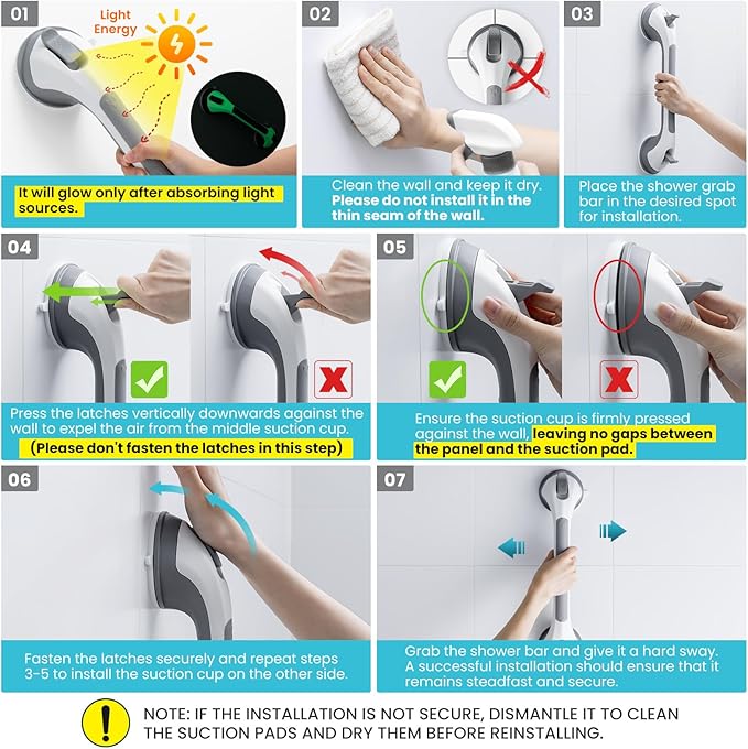 TAILI Shower Grab Bar Glow in The Dark, 16.8 in Grab Bars for Bathtubs, Shower Handles Bath Rails for Seniors and Elderly, Bathroom Safety Grip Removable No Drilling Waterproof Grey